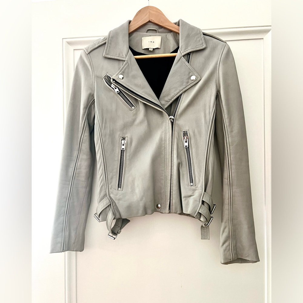 IRO Light Grey Tara Leather Biker Jacket with Silver Zippers & Accents.